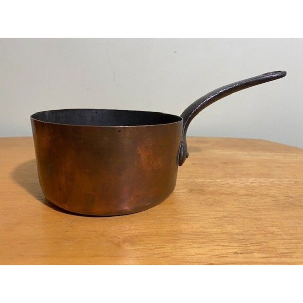 Antique 1900s Copper Pot Cast Iron Handle Copper Rivets Tin Lined 2.5" Tall